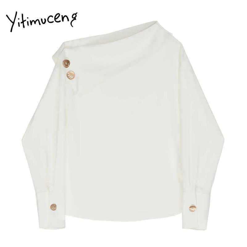 Yitimuceng blanc Blouse femmes à manches longues métal décoration bouton Up chemises droite printemps mode biais col hauts 210601