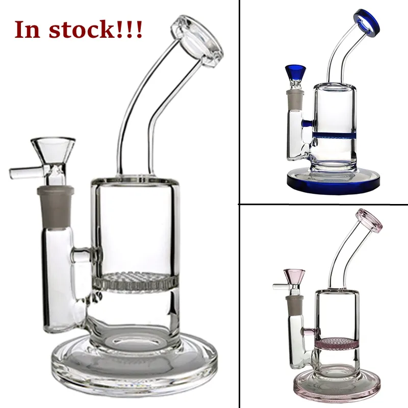 Gebogen buis helder roze blauw glas bong dab rig water pijpen waterpijpen 8 "lange 5 mm dikke kom quartz banger douchekop perc bongs heady mini pijp wax olie tuig groothandel