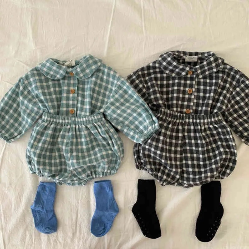 Baby Cloting Sets Clothing Plaid Full Sleeve Shirt and Bloomer 2 pcs Boys Clothes Fashion Toddler Girls 210429