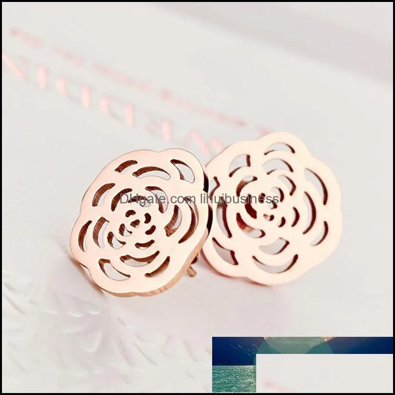 Stud 18KGP Rose Gold Color Titanium Steel Camellia Earrings Classic 316L Stainless Jewelry For Women Note Fade (GE105)1