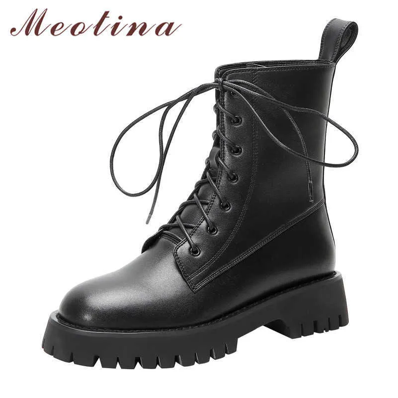 Meotina Motorcycle Boots Women Real Leather Flat Platform Mid Calf Boots Round Toe Lace Up Short Boots Female Shoes Autumn Black 210608