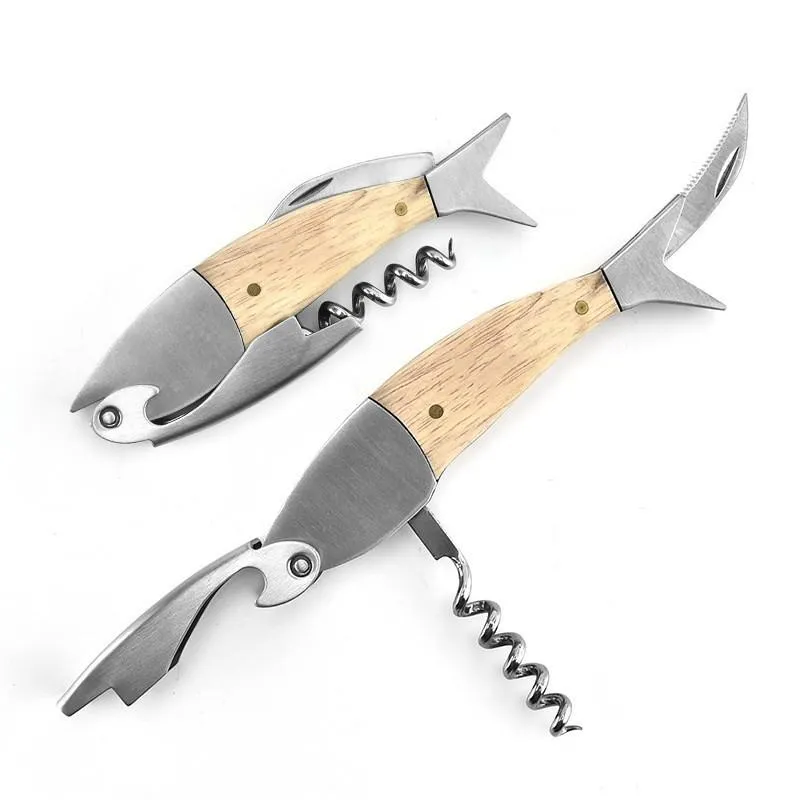 Cute Fish Shaped Wine Opener Wood Handle Professional Metal Openers Multifunction Portable Screw Corkscrew Wine Bottle Opener LX3664