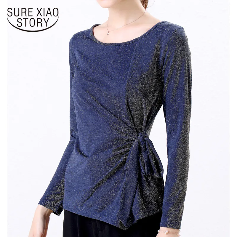 Plus Size Casual Z Długim Rękawem Koreański Solid Bright Silk Women Tshirts O-Neck Undercover T-shirt Tshirt 5917 50 210510