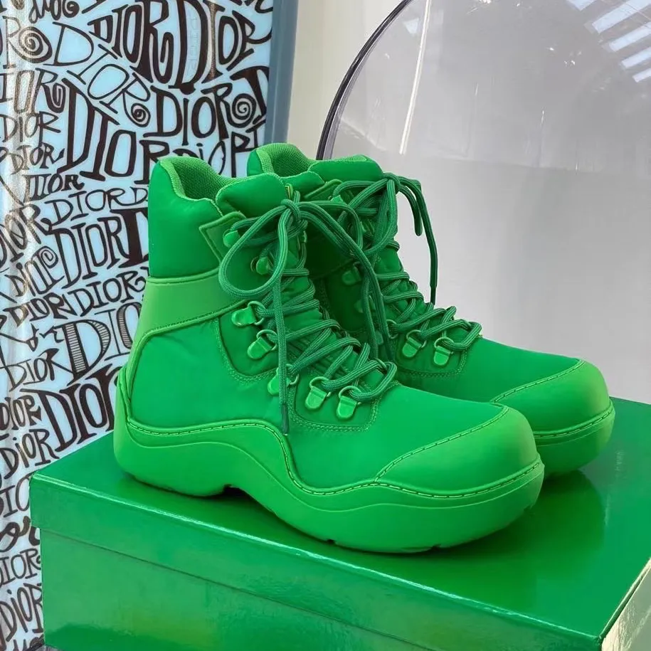 Green Platform Hiking Boots Women Chunky Ankle Boots Lace Up Canvas Round Toe 2024 Spring Fall