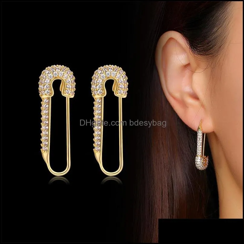 Stud Gold Safety 925silver Color Pin Earring Black CZ Stone Zircon For Women Charm Jewelry