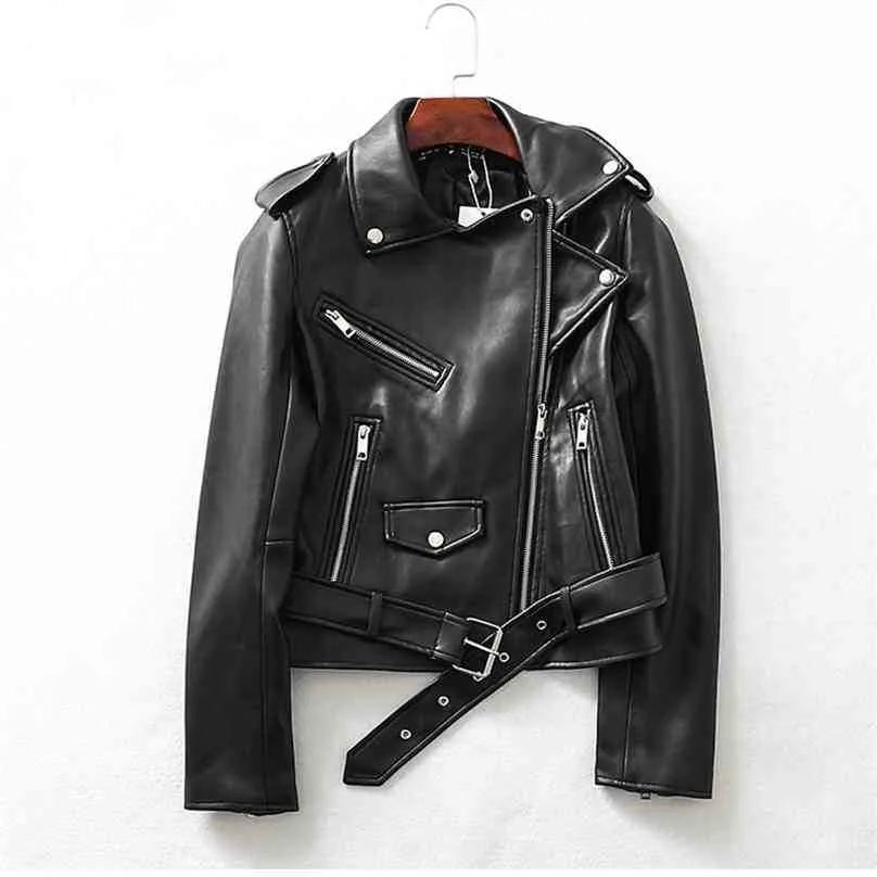 Streetwear Faux Leather Jacket Women Black Biker Moto Short Coat Ladies Spring Autumn Zipper with Belt Jackets 210525