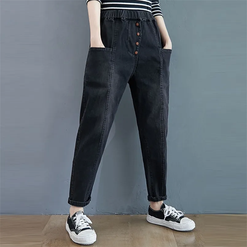 Autumn Winter Women Elastic Waist Loose Casual Black Jeans Double Pocket Cotton Denim Harem Pants Plus Size S6 210512