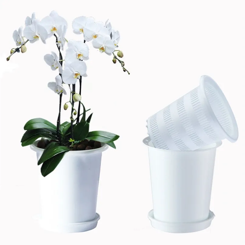 Meshpot Plastic Flower Pot Double Layers Orchid Planter Container Enhance Root Quantity and Activity Home Decoration 211130