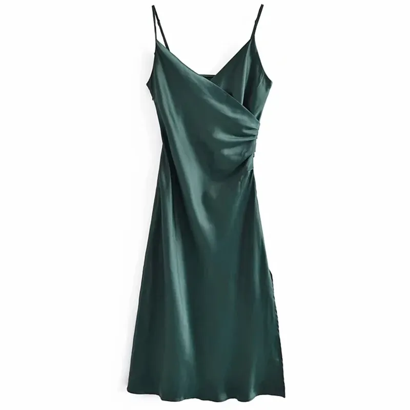 Vert Satin Slip Dress Summer Fashion Sans Manches Spaghetti Strap Wrap Front Froncé Split Side Femmes Midi Party 210604