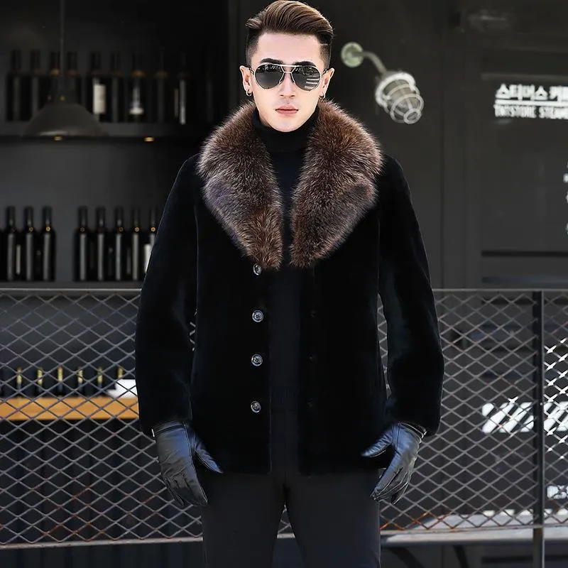 特売安い メンズレザーファックスリアルファーコートウィンタージャケット羊滑走ウールアライグマカラー高級メンズコートとジャケット21 El811 1 オンライン取扱店 Eldeiry Eg Com