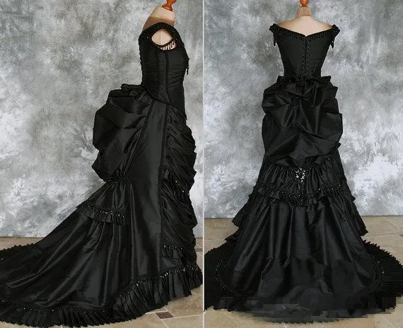 Vampire Ball Masquerade Halloween Black Wedding Dress Taffeta Beaded Gothic Victorian Bustle Bridal Gowns 2022 Vintage Steampunk 19th A Line Long Bride dresses
