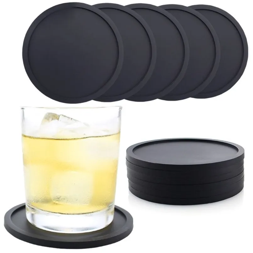 8 Pcs Round Black Thicken Glass Coasters Durable Silicone Pad for Drinks Cups Dropship 210817