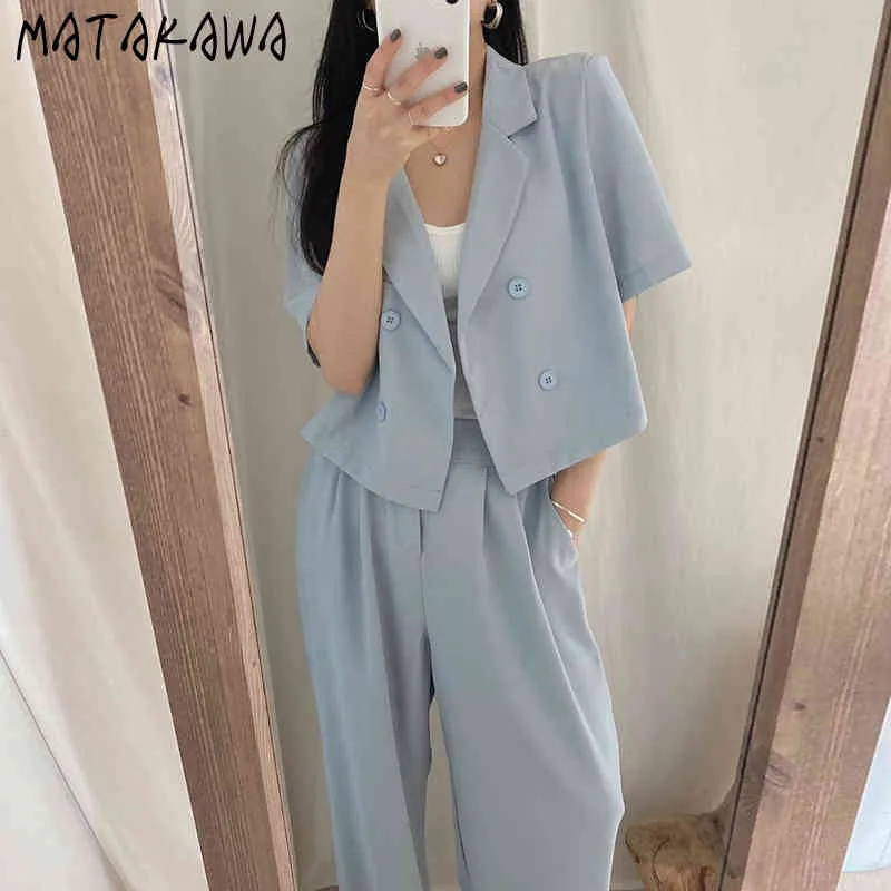 MATAKAWA Temperament Lapel Blazer Women Double Row Two Buttons Short-sleeved Suit Korean Chic Loose Short Womens Blazers 210513