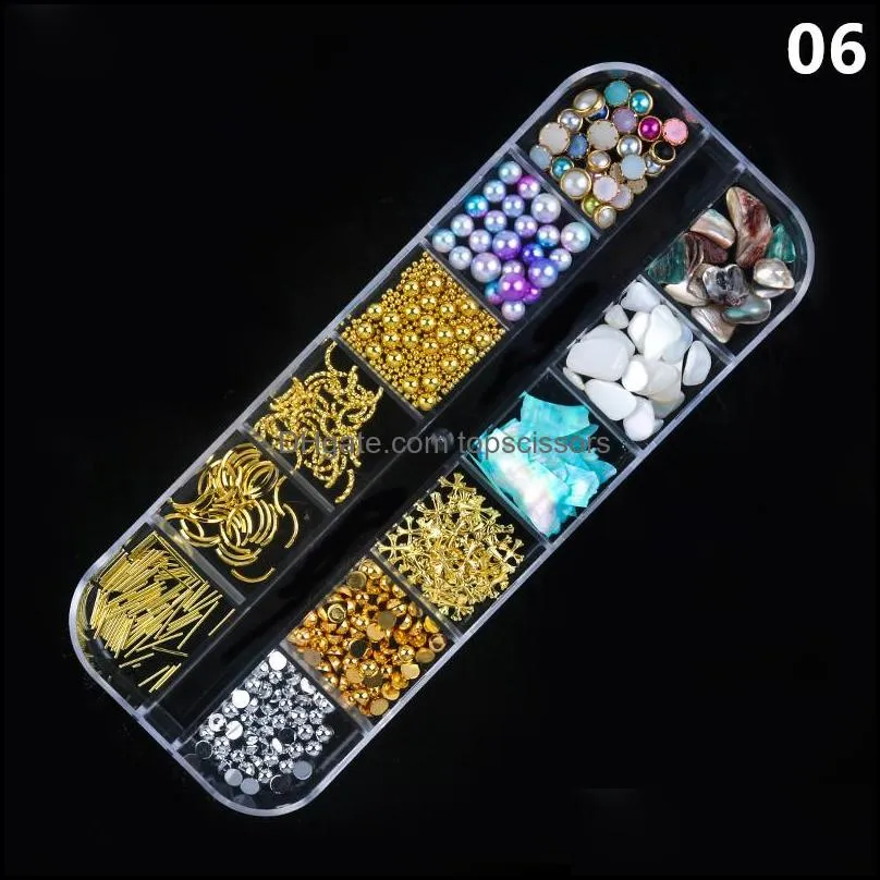 12Gird/Set Natural Sea Shell Nail Glitter Powder Tips Mix Metal Rivets Pearl Beads Studs Charms AB Rhinestone Decoration1