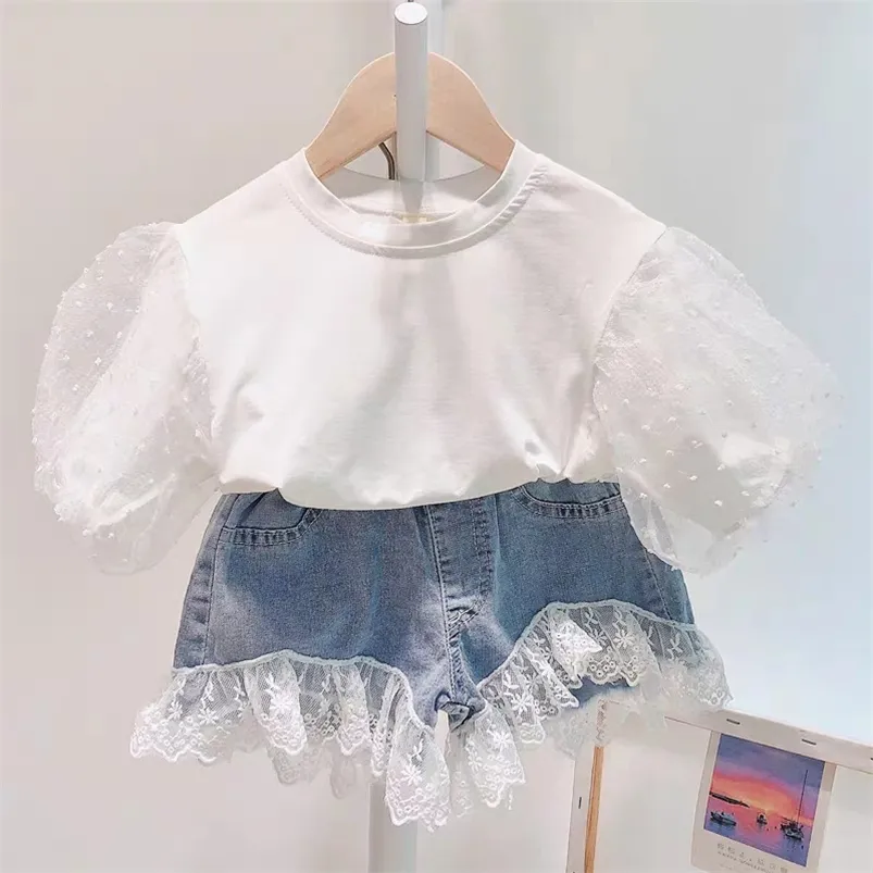 Summer Girls' Clothing Sets Korean Princess Bubble Sleeve Top +Lace Stitching Denim Shorts 2PCS Children Baby Kids Clothes Suit 210625