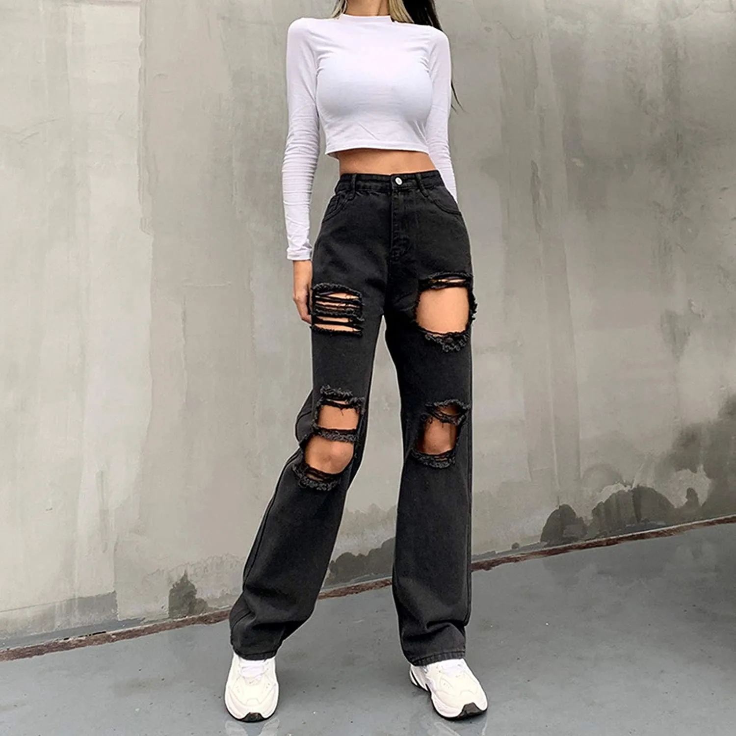 Vintage High Waisted Ripped Black Jeans For Women Y2K Style Baggy