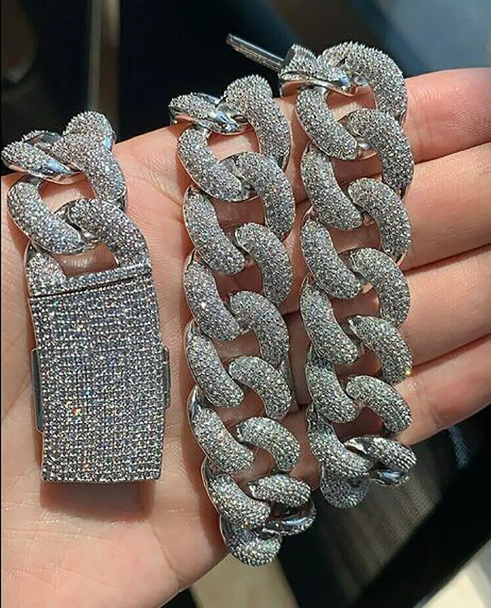 20mm Glacé Bulle Lien Cubain Chaîne Collier 14K Or Blanc Plaqué 2 Rangées Diamant Cubique Zircone Bijoux 16 pouces-24 pouces