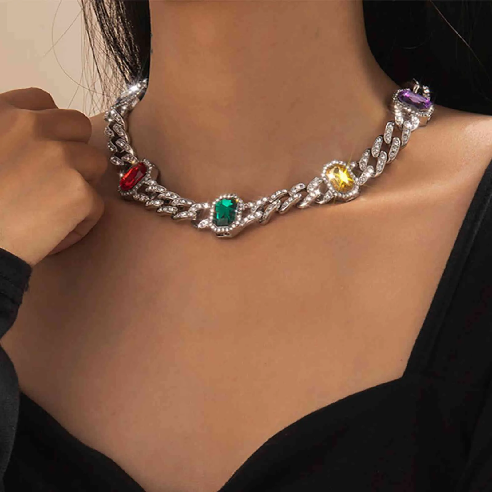 Salircon KPOP Miami Cubaanse Chunky Choker voor Dames Geometrische Luxe Crystal Dikke Collier Statement Sieraden Gift