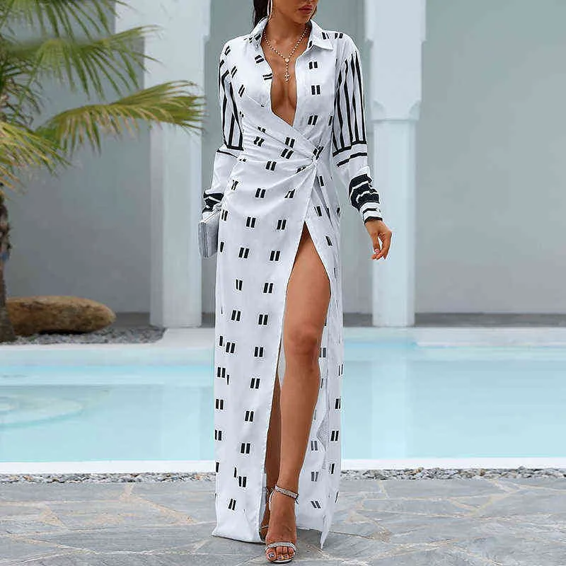 Sexy Hem Split Maxi Dresses Womens Geometry Print Streetwear Bandage Turn down Collar Dresses Long Sleeve Hollow Out Long Dress Y1204