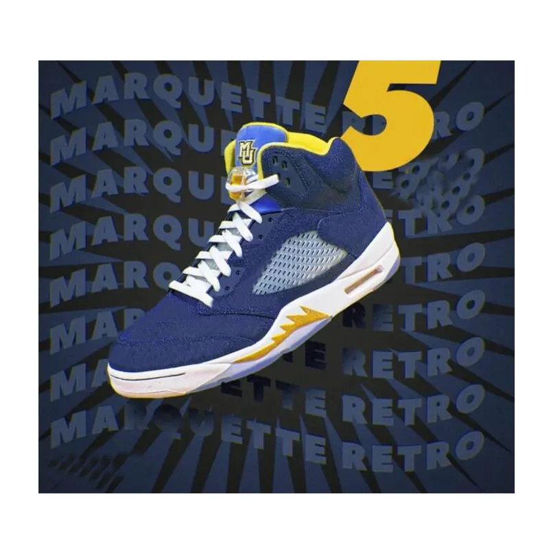 5 Marquette PE Mens Basketball Shoes 5s Dark Blue Yellow White Outdoor