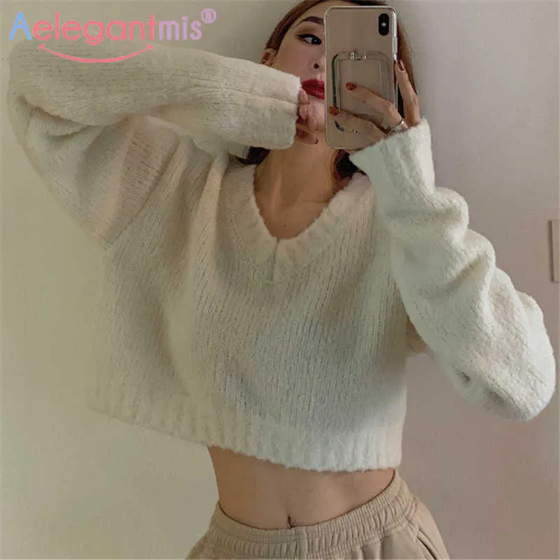 Aelegantmis Korean Short Knitted Sweaters Pullover Women V Neck Thin Female Cropped Sweater Jumper Cozy Crop Top Ropa Mujer 210607