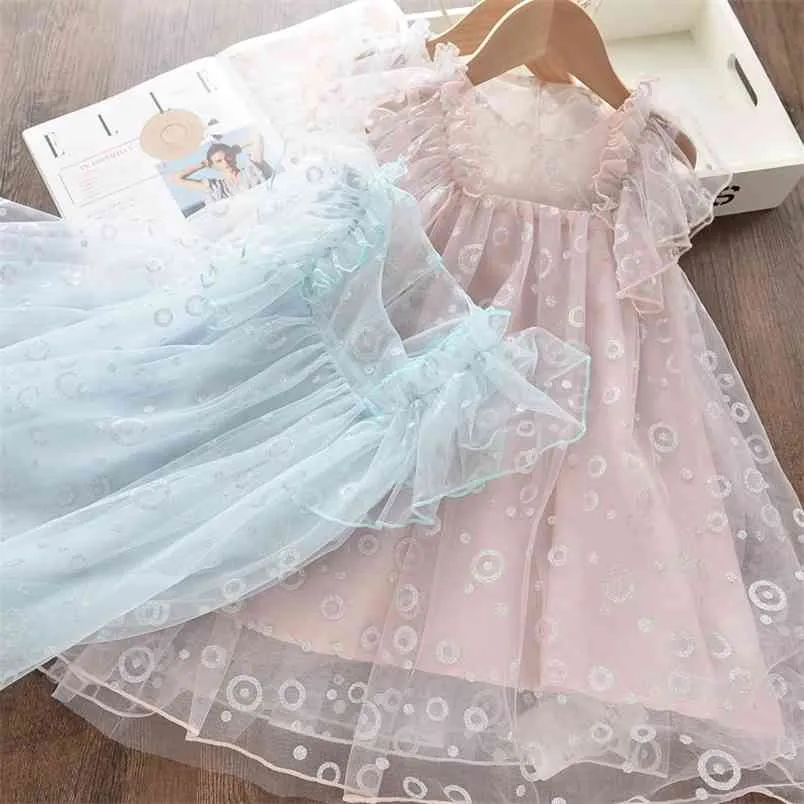 Girl Dress Summer Kid Sequin Circle Print Princess Gown Fly Sleeve Ruffle Party Mesh Children Dresses 210528