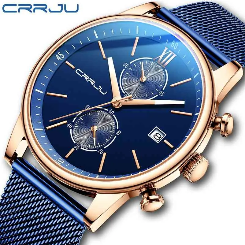 Assista para homens CRRJU homens luxo casual quartzo relógios de pulso azul esporte relógio impermeável relógios de pulso de aço inoxidável para macho 210517