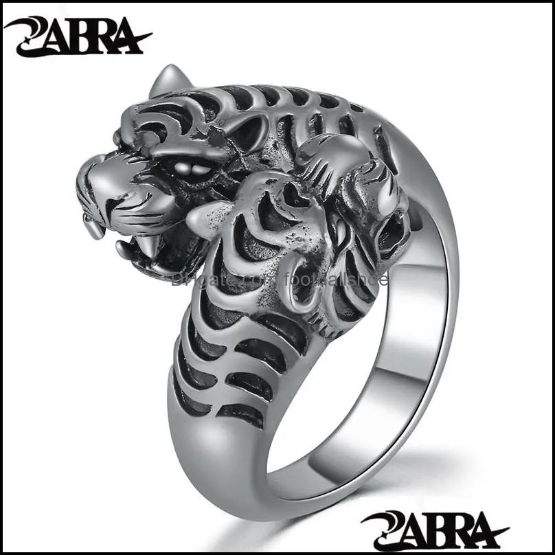 Solitaire Ring Ringen Sieraden Zabra 100% Real 925 Sterling Sier Grote Opening Mannen Vintage Zwart Twee Tijgers Hoofd Punk Rock Gothic Style Y1128 DR