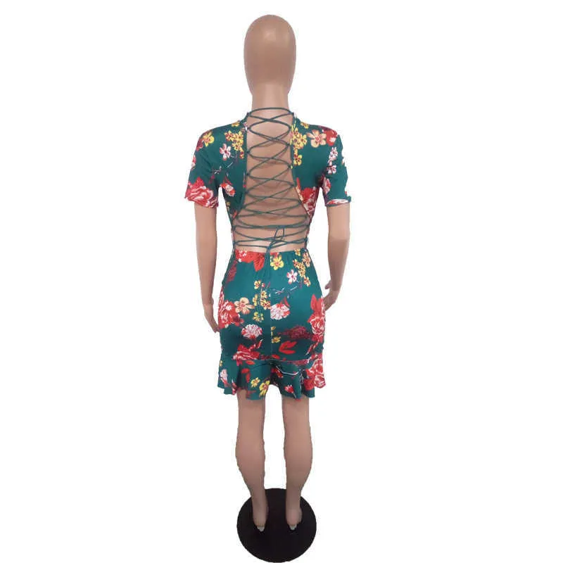 Green Floral Criss Cross Back Frill Hem Shift Dress Summer Party Mini Dress for Women Polyester Short Sleeve V Neck 2024