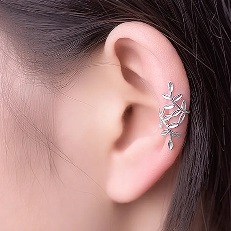 Clip-on vis Back Oreille Real Sterling Silver 925 oreille Cuff Authentic Fine Jewelry For Women Creative 1PC Cadeau sans perçage Laurel Leaf