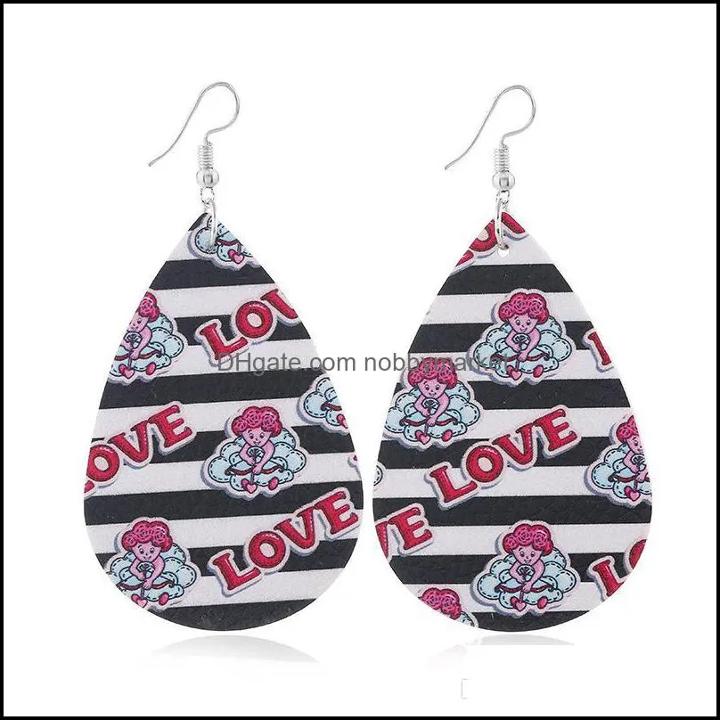 Romantic Valentine`s Day Statement Leather Teardrop Earrings Printing Heart Love Letter Pattern PU Leather Earrings for Women