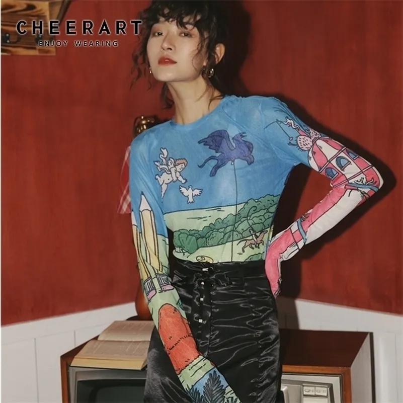 CHEERART T-shirt attillata a maniche lunghe con top in maglia trasparente T-shirt da donna con grafiche trasparenti T-shirt di base Intimo Autunno Moda primavera 210317