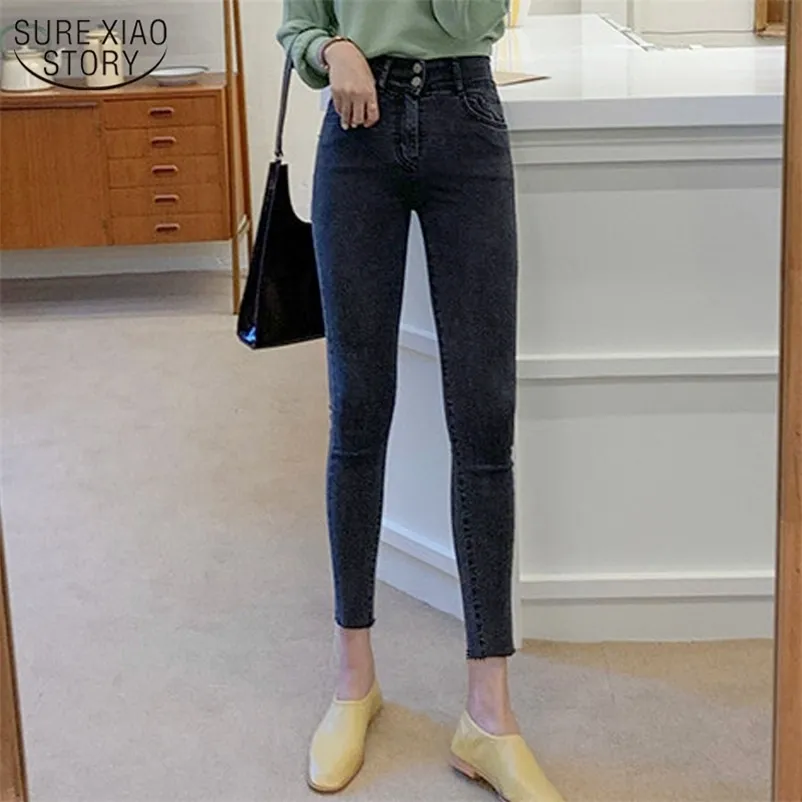 Frühlings-Reißverschluss mit Knopf-Frauen-Jeans-beiläufiger koreanischer Art-dünner hoher Taillen-Stretch-Schwarzes für Art und Weise Femme 210510