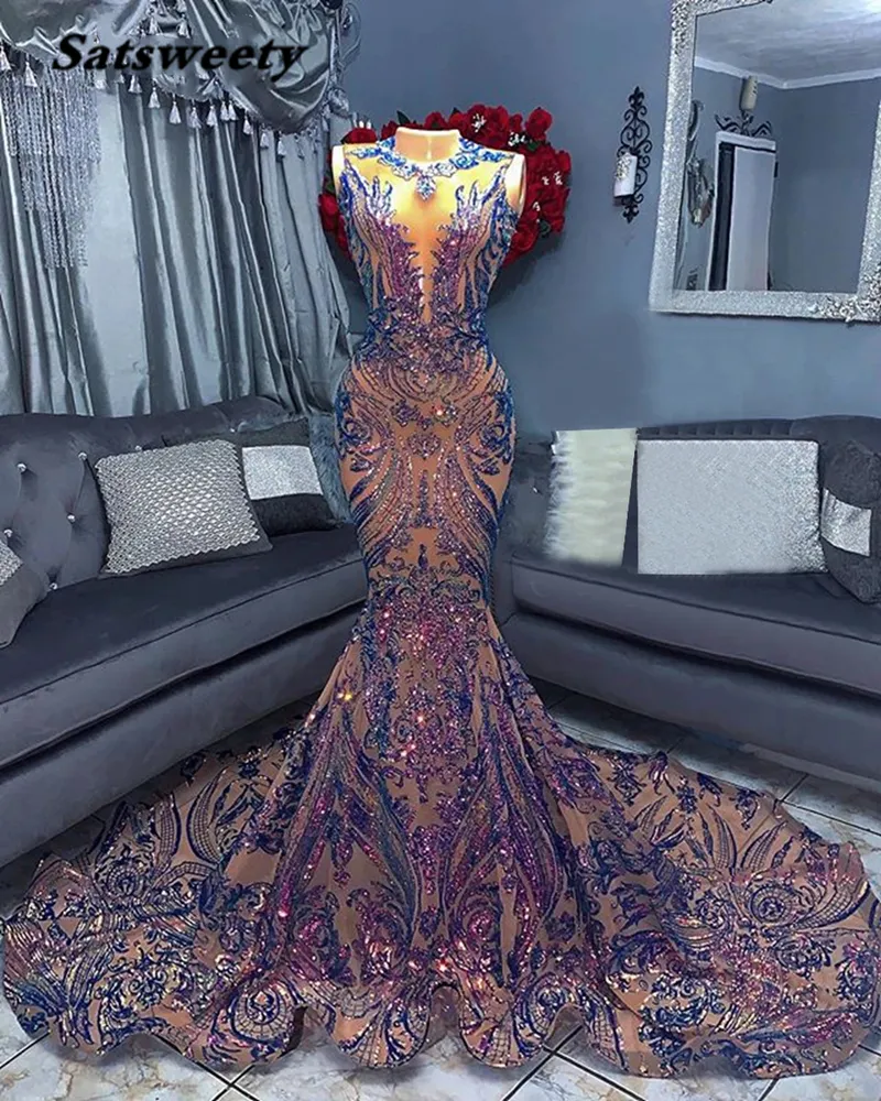 Sparkly Long Prom Dresses 2023 Sexy Mermaid Style Sequin African Women Black Girls Gala Celebrity Evening Party Night Gowns