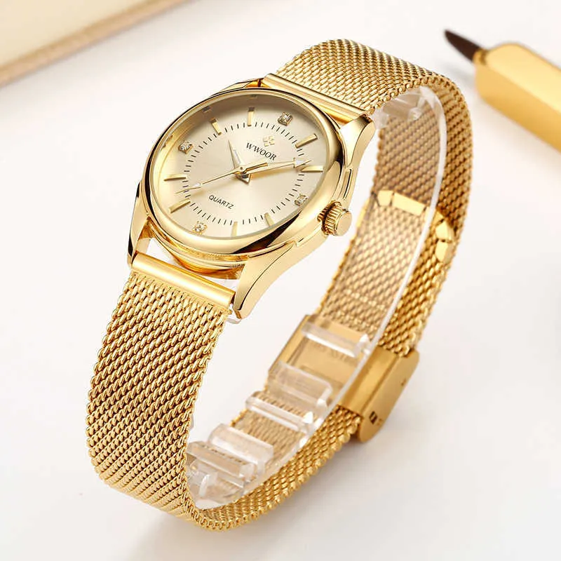 wwoorの高級ブランドのドレスゴールドウォッチレディースエレガントなダイヤモンドの小さいクォーツの腕時計の女性鋼鉄メッシュ時計Zegarek Damski 210616