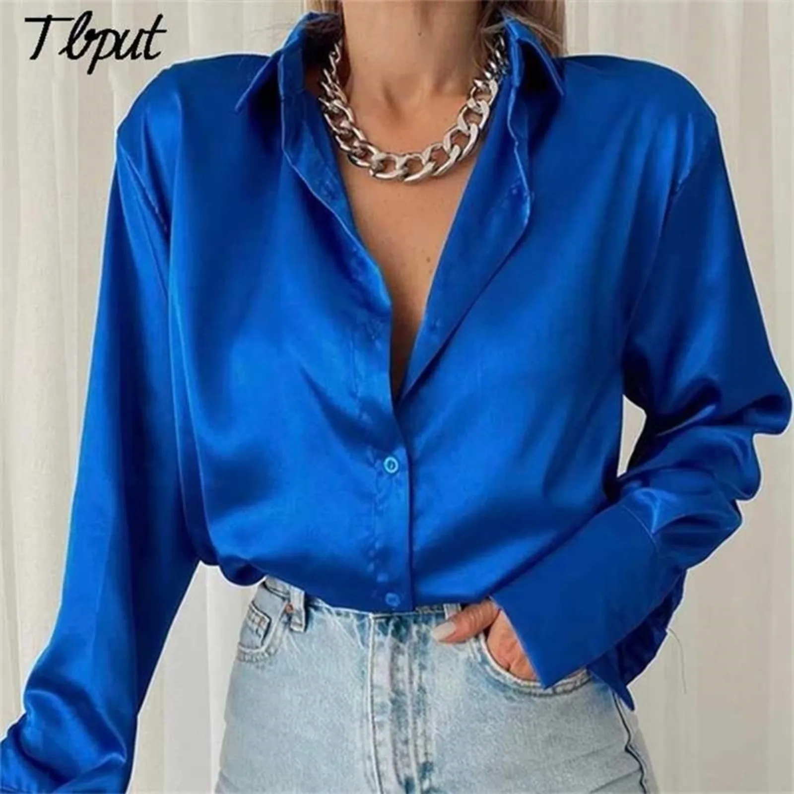 Women Elegant Satin Solid Long Sleeve Blouses Female Chic Vintage Blue Green Casual Loose Fitting Buttons Down Shirts Tops 220210