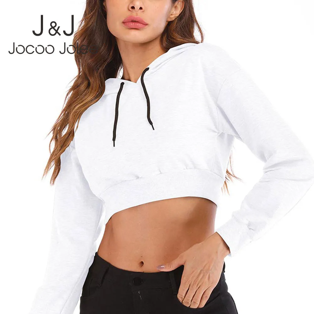 Jocoo Jolee Autumn Crop Tops Frauen lässig Solid Langarm Hoodies Vintage Sweatshirts Vintgae Lose Kapuzenkleidung 210518