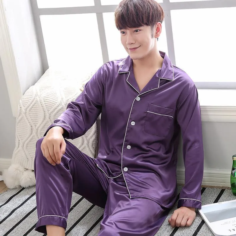 Purple Man Silk Pajamas Mens Satin Silk Pajamas Set, Long Sleeve