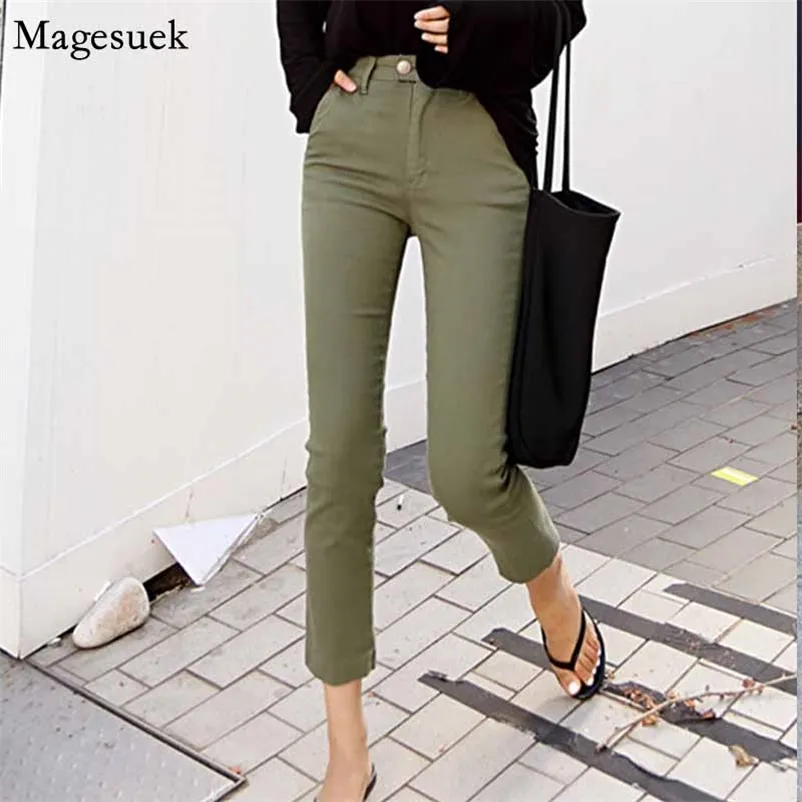 Herfst Korean Hoge Taille Casual Elastische Straight Broek Army Green Jeans Vrouwen Stretch voor Mujer 10415 210518