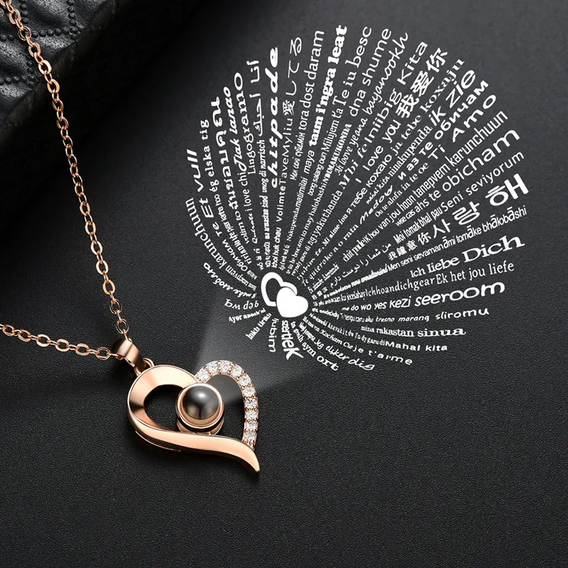 100 Sprachen „Ich liebe dich“-Diamant-Herz-Anhänger-Halskette aus Kupfer mit Erinnerungsprojektion, Halsketten, Ketten für Damen, Modeschmuck