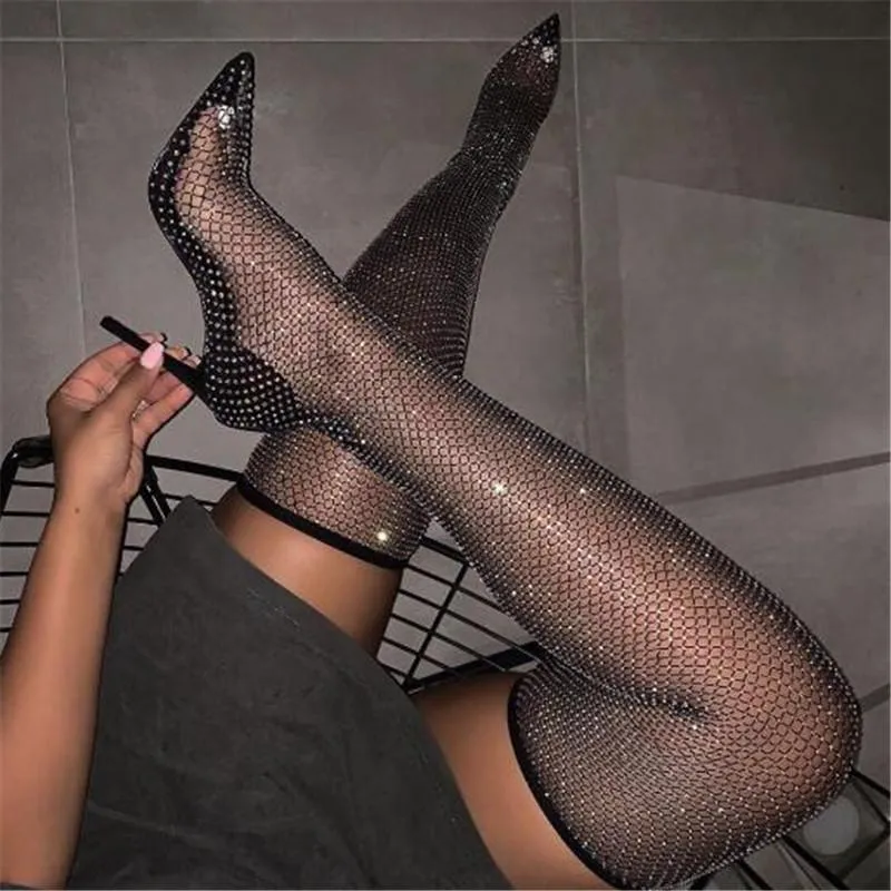 Çizmeler full rhinestone örgü yaz kadın fishnet diz üstü üzerinde yüksek topuk oymak çizme çizme