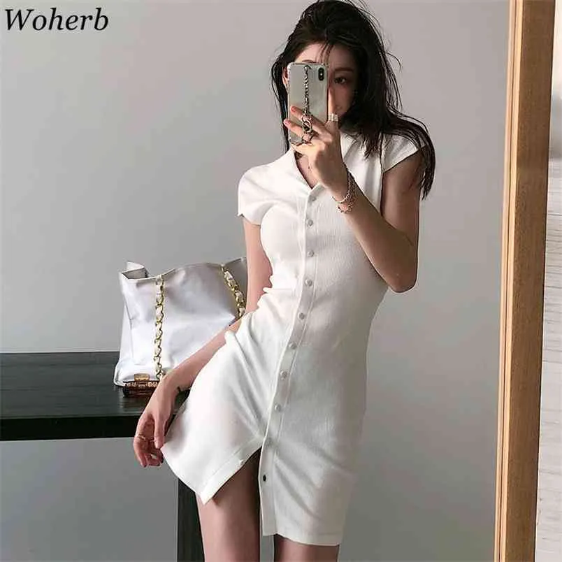 Sexy bodycon jurken voor vrouwen witte gebreide korte mouw zomerjurk single breasted koreaans slanke mini vestidos 210519