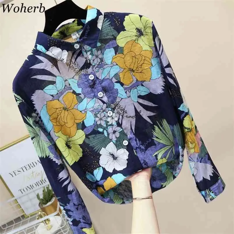 Vintage Blumendruck Bluse Umlegekragen Langarmhemden Modische lose Kleidung Frauen Koreanische Tops 91106 210519