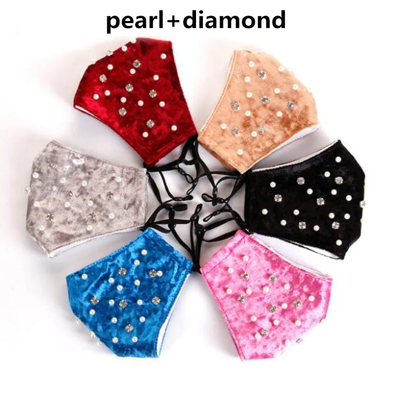 Mask Rhinestone Pearl Masks Washable Solid Color Breathable Pleuche Mouth Cover Party Face Respirator Reusable Cycling Windproof Covers CGY5