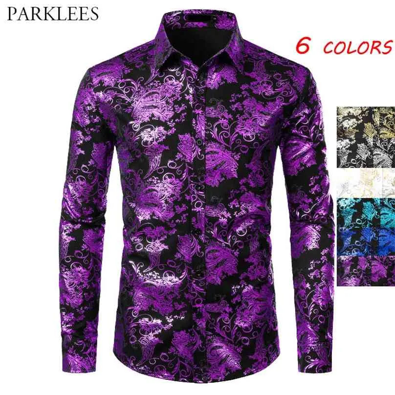 Purple Mens Floral Bronzing Shirt Shiny Flower Luxury Fashion Party Dress s Casual Club Camisa Masculina 210626