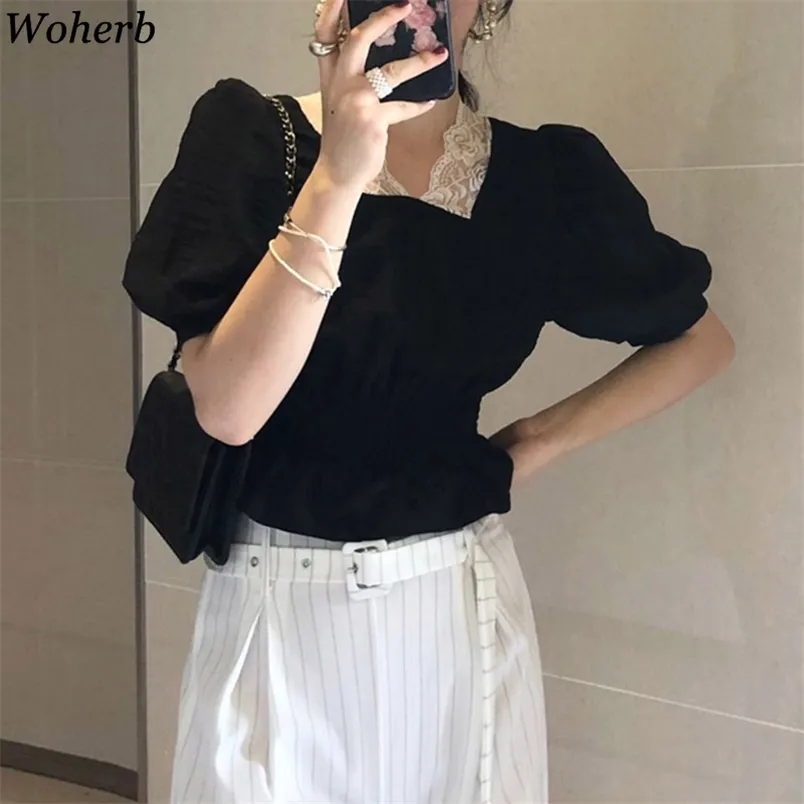 Vintage Kadın Bluz Dantel Patchwork Puf Kollu Gömlek Kadın Yaz Ince Bel Kısa Blusas Kore Mizaç 210519 Tops