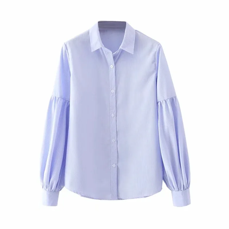 Lente Dames Lantaarn Mouw Gestreepte Shirt Vrouwelijke Turndown Kraag Blouse Kantoor Dame Losse Tops Blusas S8538 210430