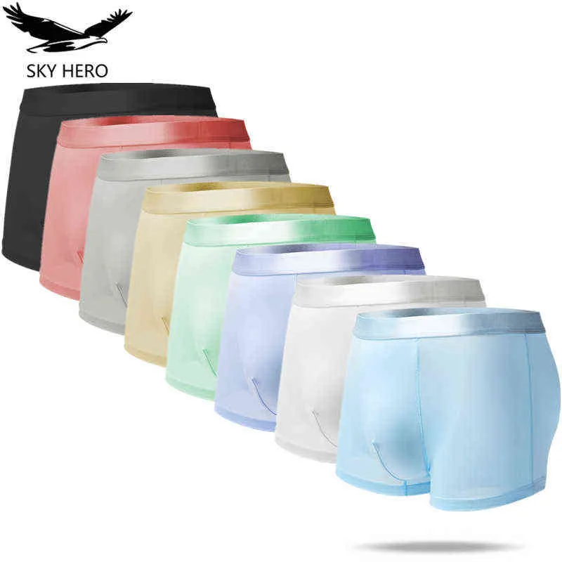 8pcs/lot mens transparent underwear hot sexy plus size ice silk male panties boxer shorts trunks see through underpants seamless H1214