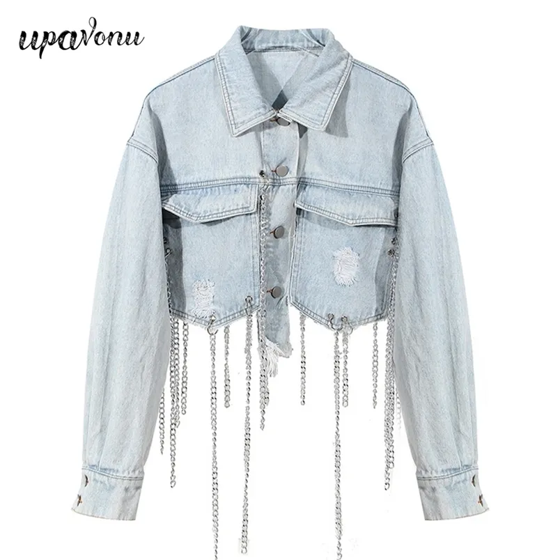 Free Fashion Fringed Denim Jacket Lapel Long Sleeve Single-breasted Button Short Women's 210524