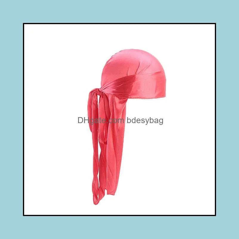 2020 New Men Women long Silk Satin Turban Hat Wigs Doo Durag Biker Headwrap Chemo Cap Long tail Pirate Hat Men Hair Accessories